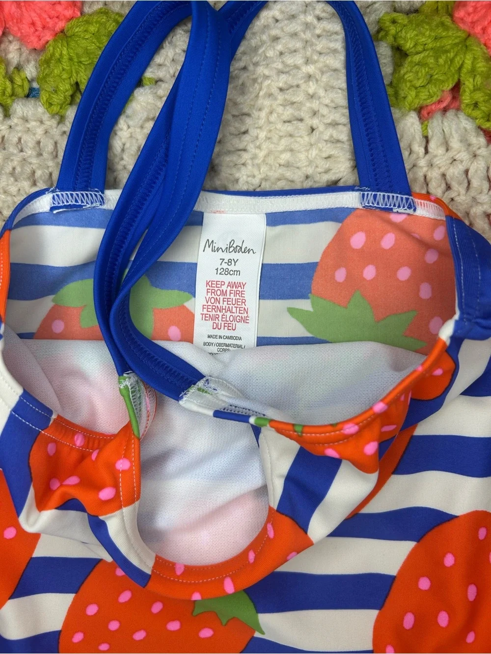 Mini Boden Blue and Orange Strawberry One-Piece Swimsuit